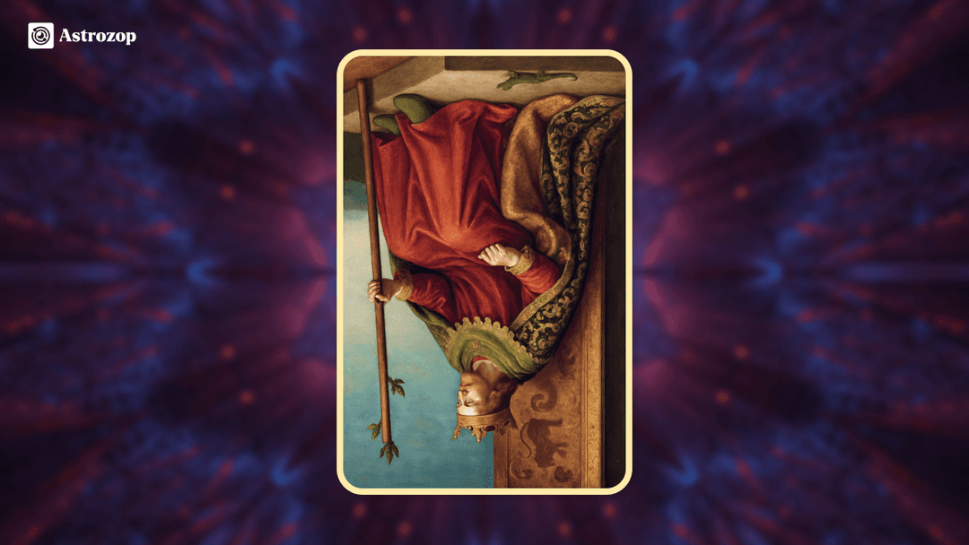Reversed King of Wands tarot card image showing the king upside down with his wand